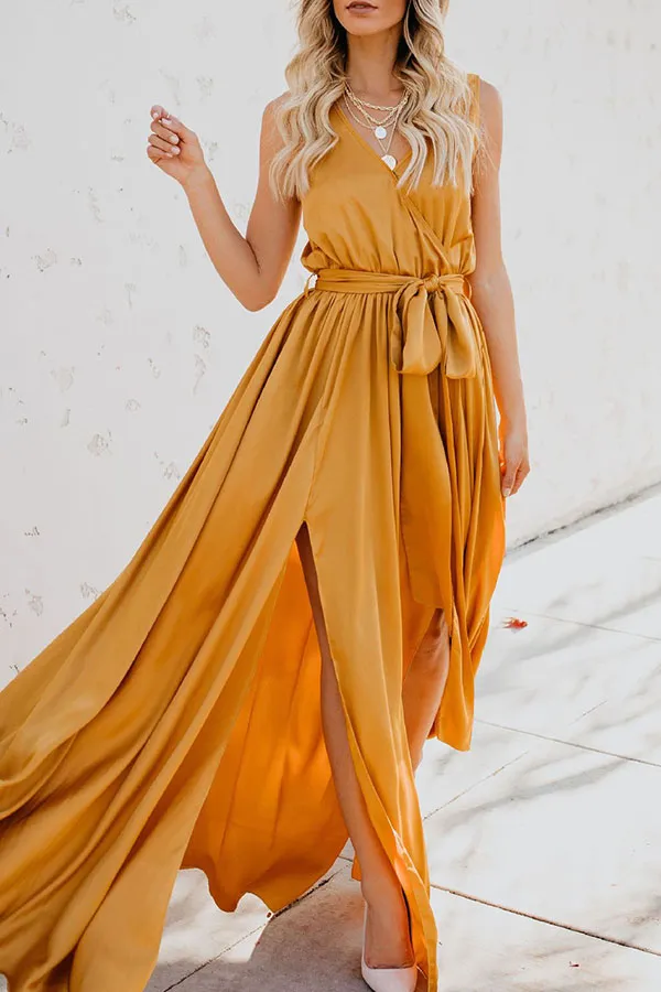 Plain Sleeveless Lace-up Slit Maxi Dress