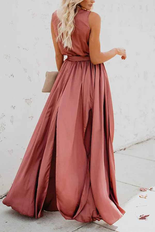 Plain Sleeveless Lace-up Slit Maxi Dress