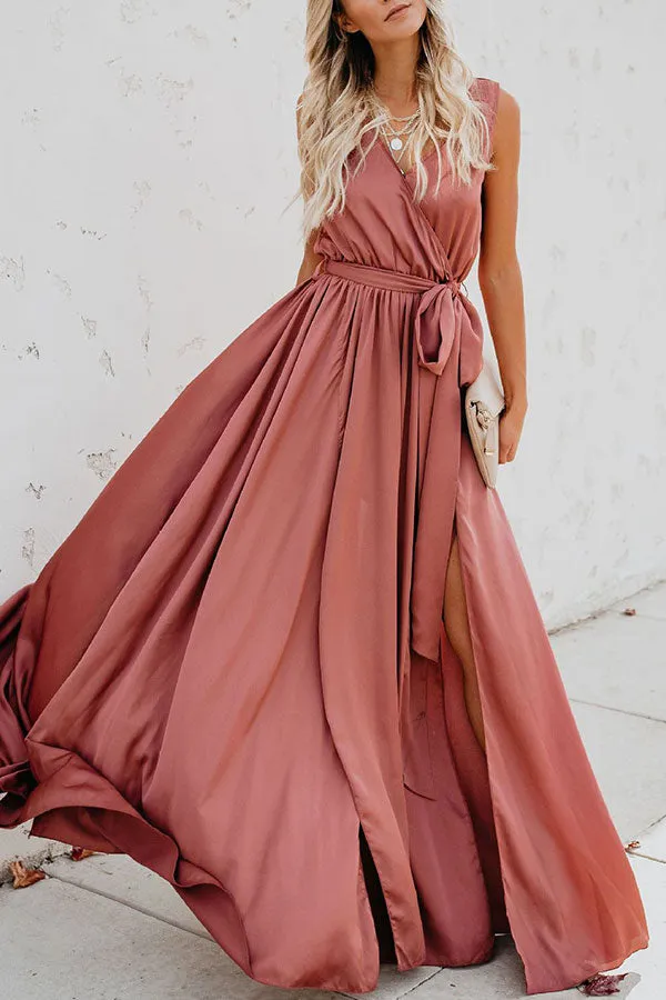 Plain Sleeveless Lace-up Slit Maxi Dress