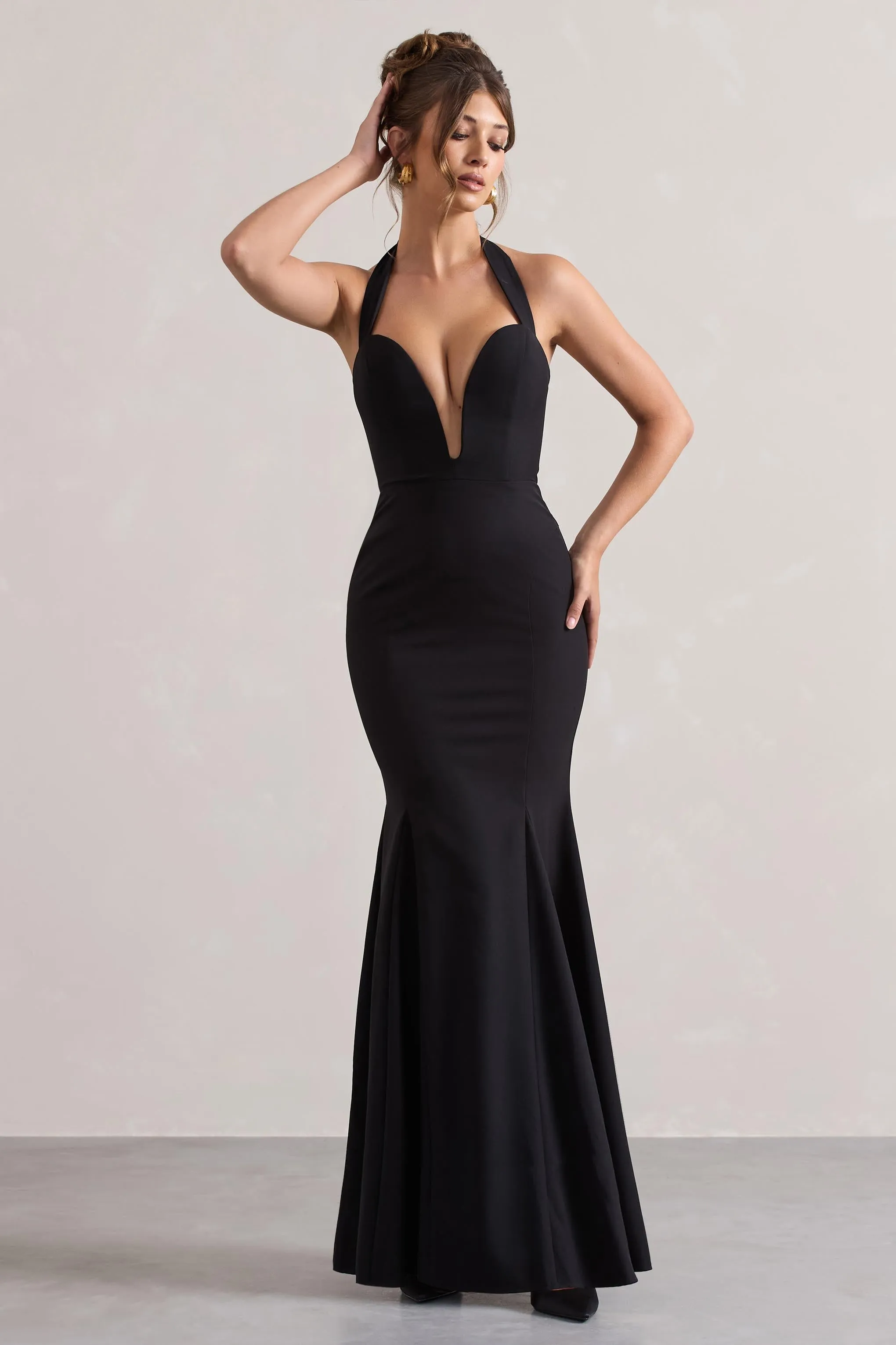 Plaza | Black Plunge Halter-Neck Fishtail Maxi Dress