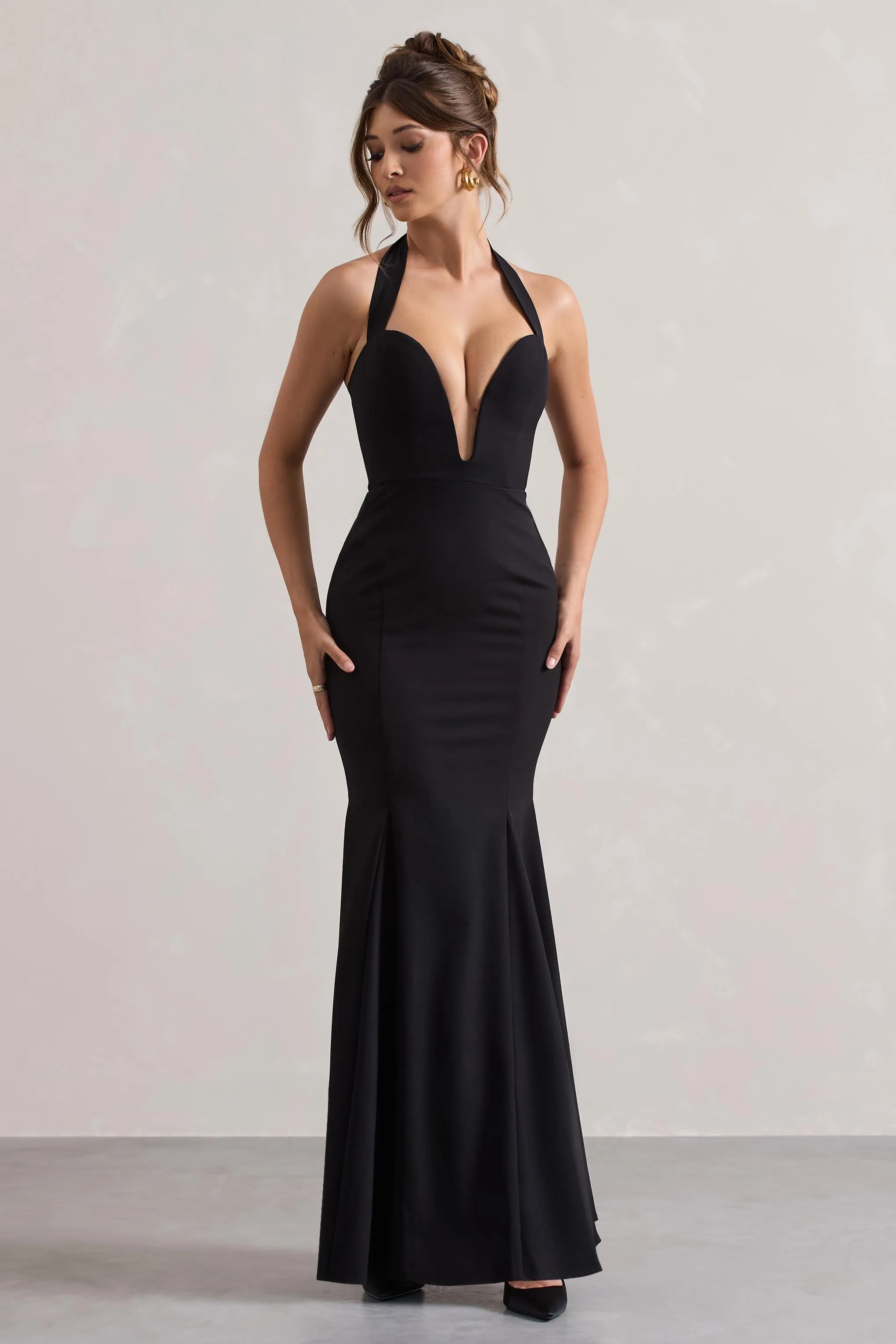 Plaza | Black Plunge Halter-Neck Fishtail Maxi Dress