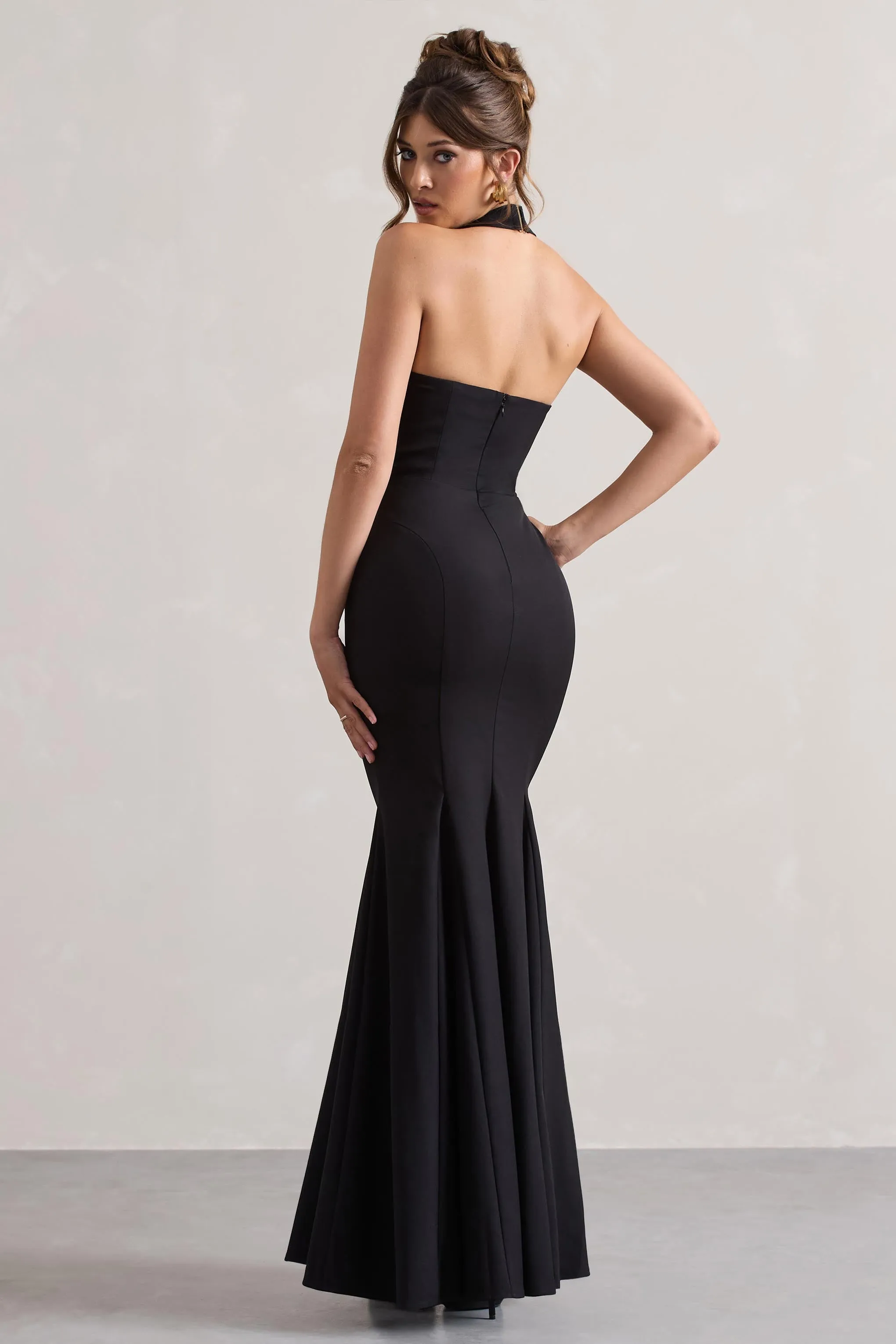 Plaza | Black Plunge Halter-Neck Fishtail Maxi Dress