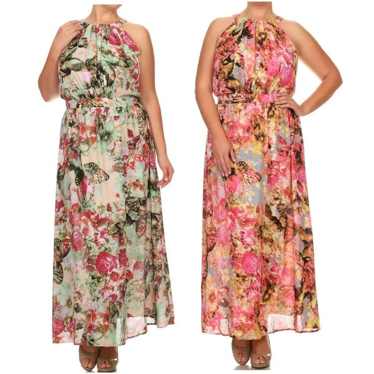 Plus Maxi Dress Chiffon Butterfly Floral Sleeveless Mock Neck Womens