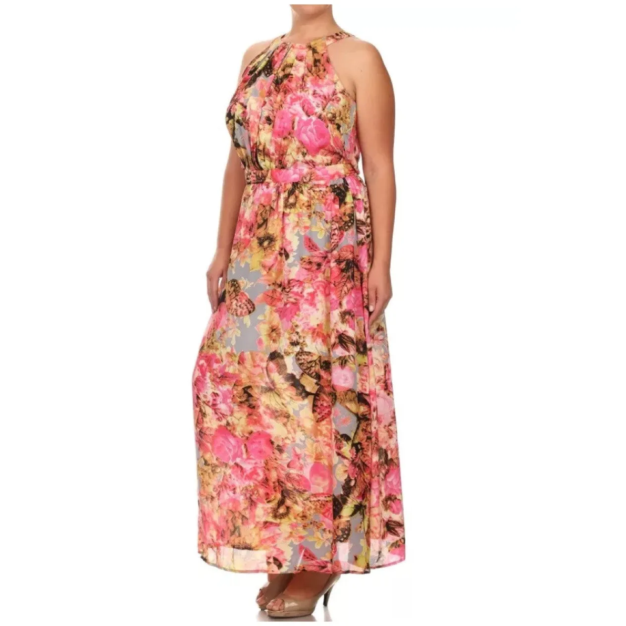 Plus Maxi Dress Chiffon Butterfly Floral Sleeveless Mock Neck Womens