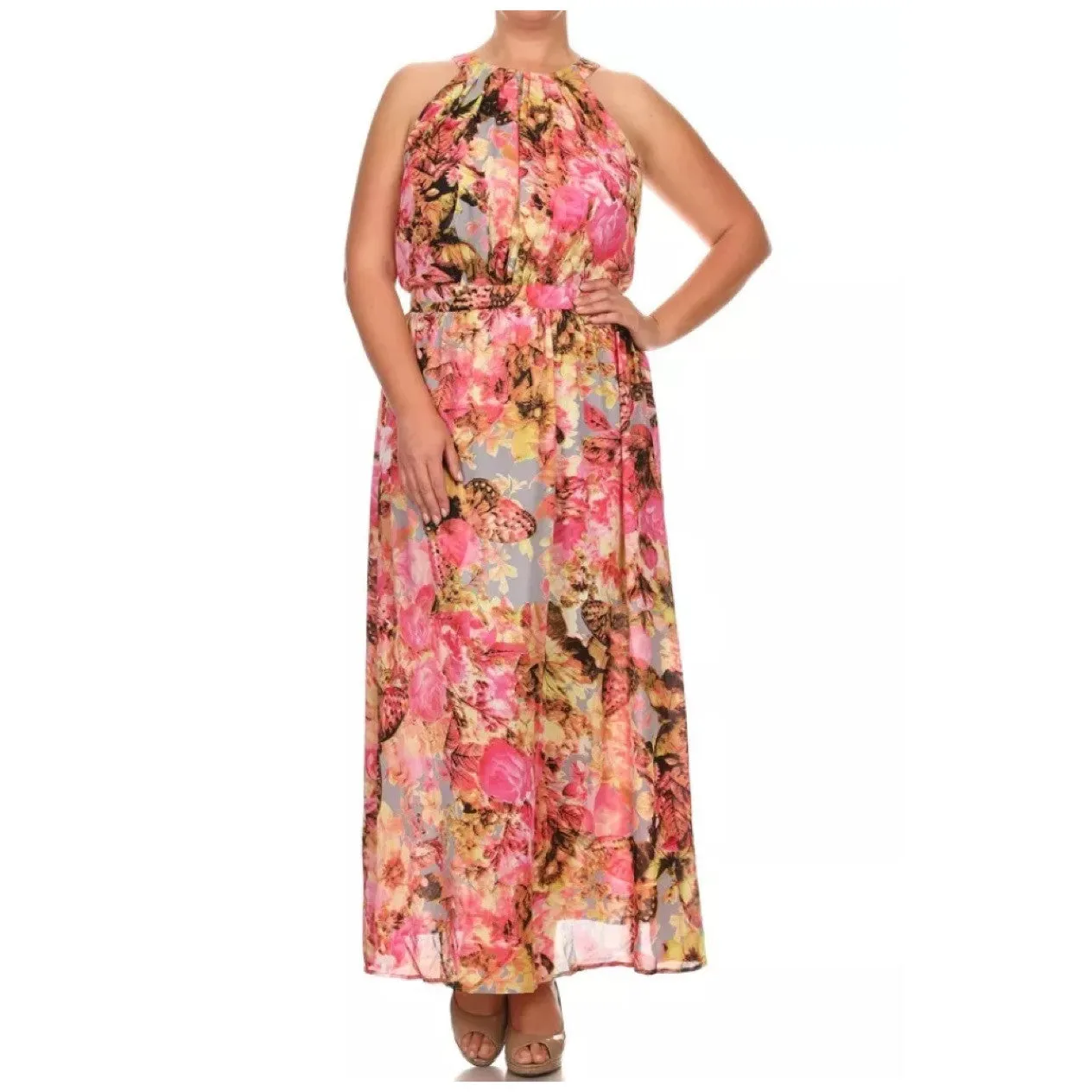 Plus Maxi Dress Chiffon Butterfly Floral Sleeveless Mock Neck Womens