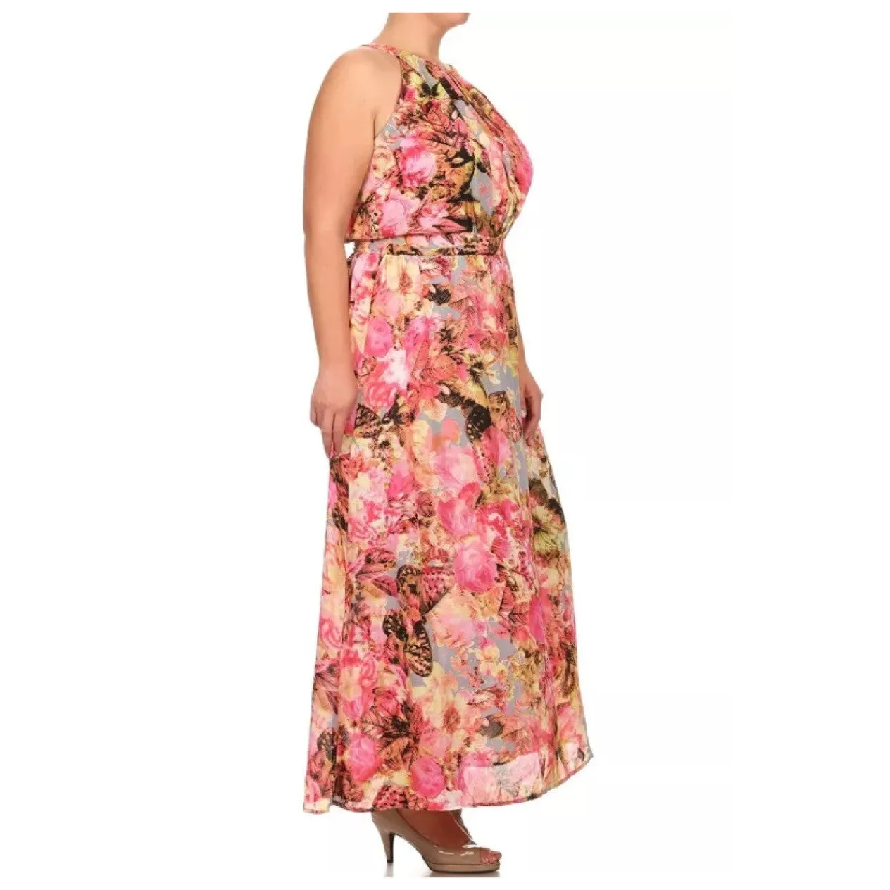 Plus Maxi Dress Chiffon Butterfly Floral Sleeveless Mock Neck Womens