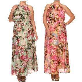 Plus Maxi Dress Chiffon Butterfly Floral Sleeveless Mock Neck Womens