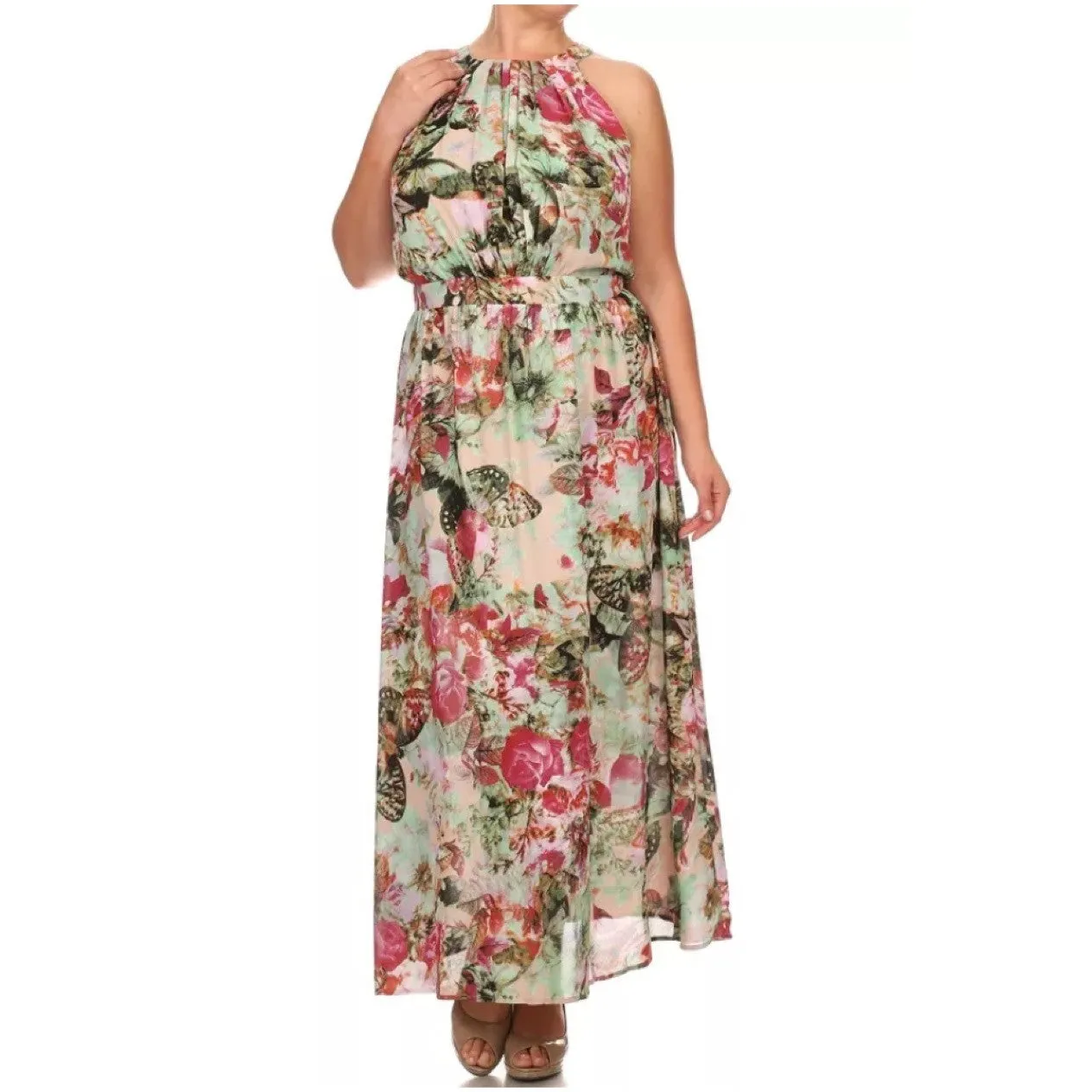 Plus Maxi Dress Chiffon Butterfly Floral Sleeveless Mock Neck Womens