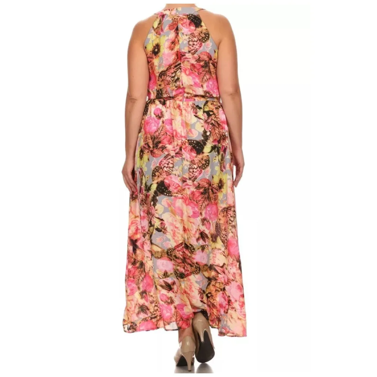 Plus Maxi Dress Chiffon Butterfly Floral Sleeveless Mock Neck Womens