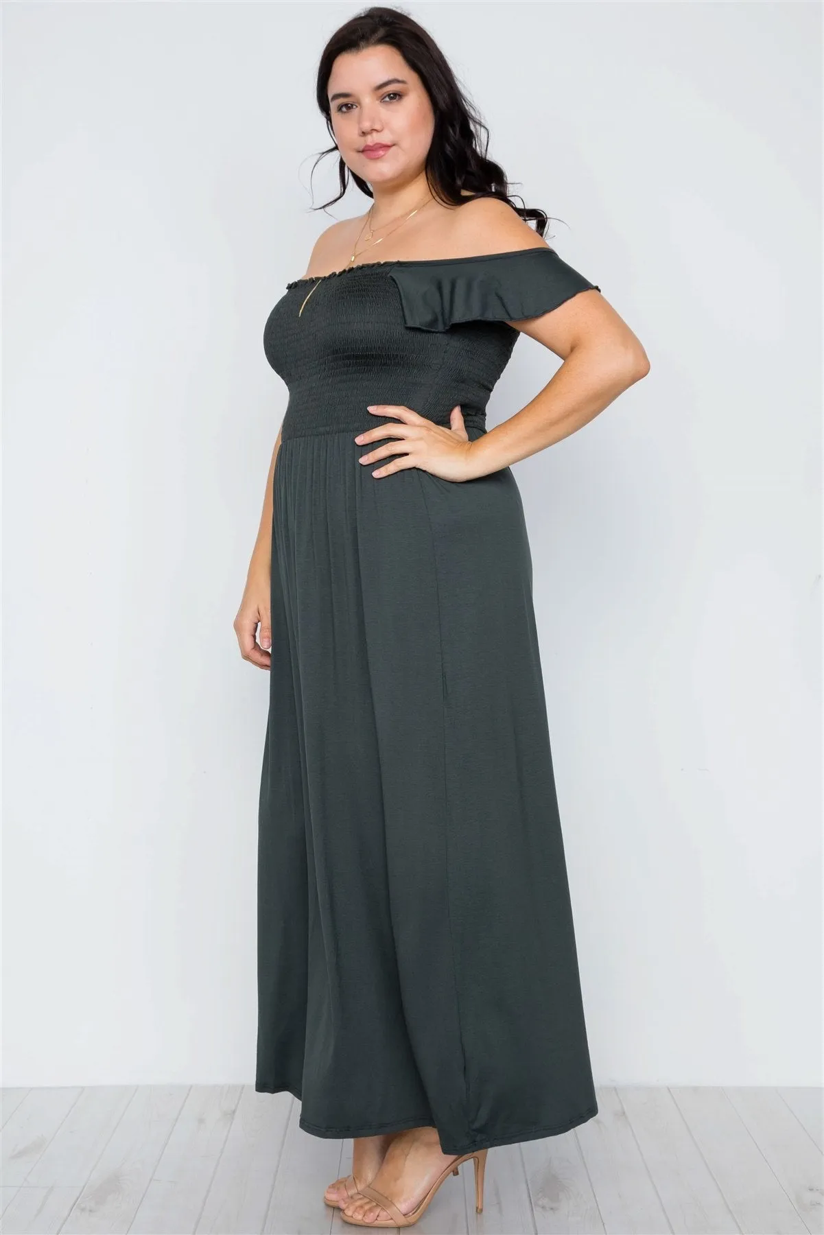 Plus Size Hunter Green Smoked Solid Maxi Dress