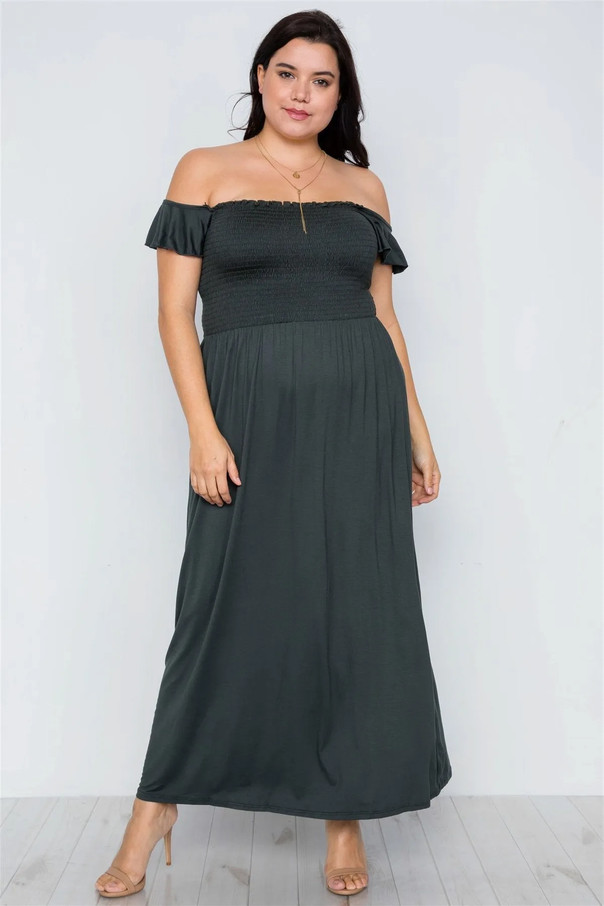 Plus Size Hunter Green Smoked Solid Maxi Dress