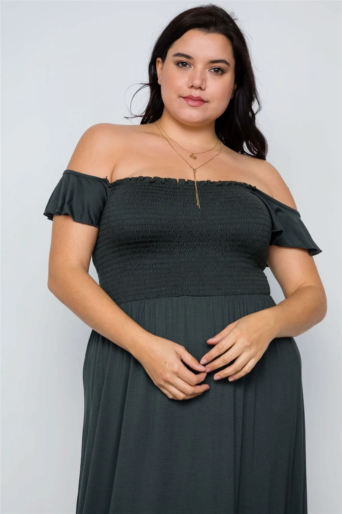 Plus Size Hunter Green Smoked Solid Maxi Dress