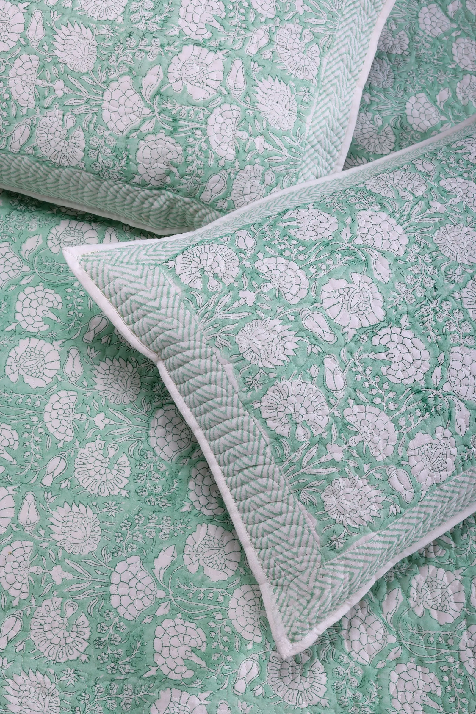 Poonam Bagh Block Printed Cotton Quilted Turquoise Bedcover