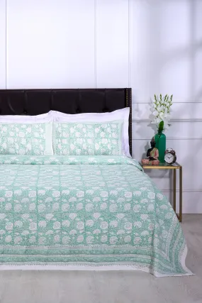 Poonam Bagh Block Printed Cotton Quilted Turquoise Bedcover