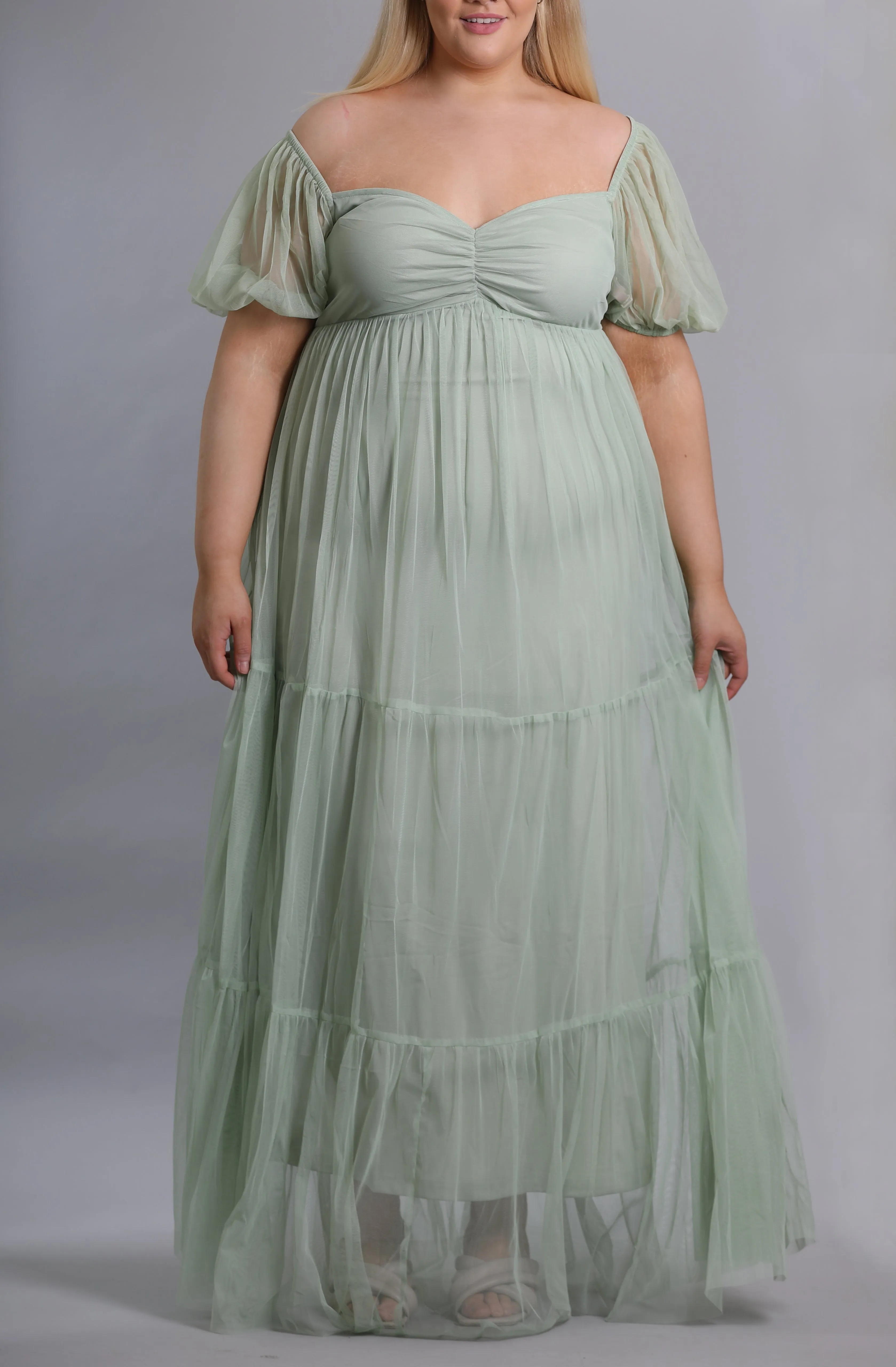 Puff Sleeve Tulle Dress In Sage Green