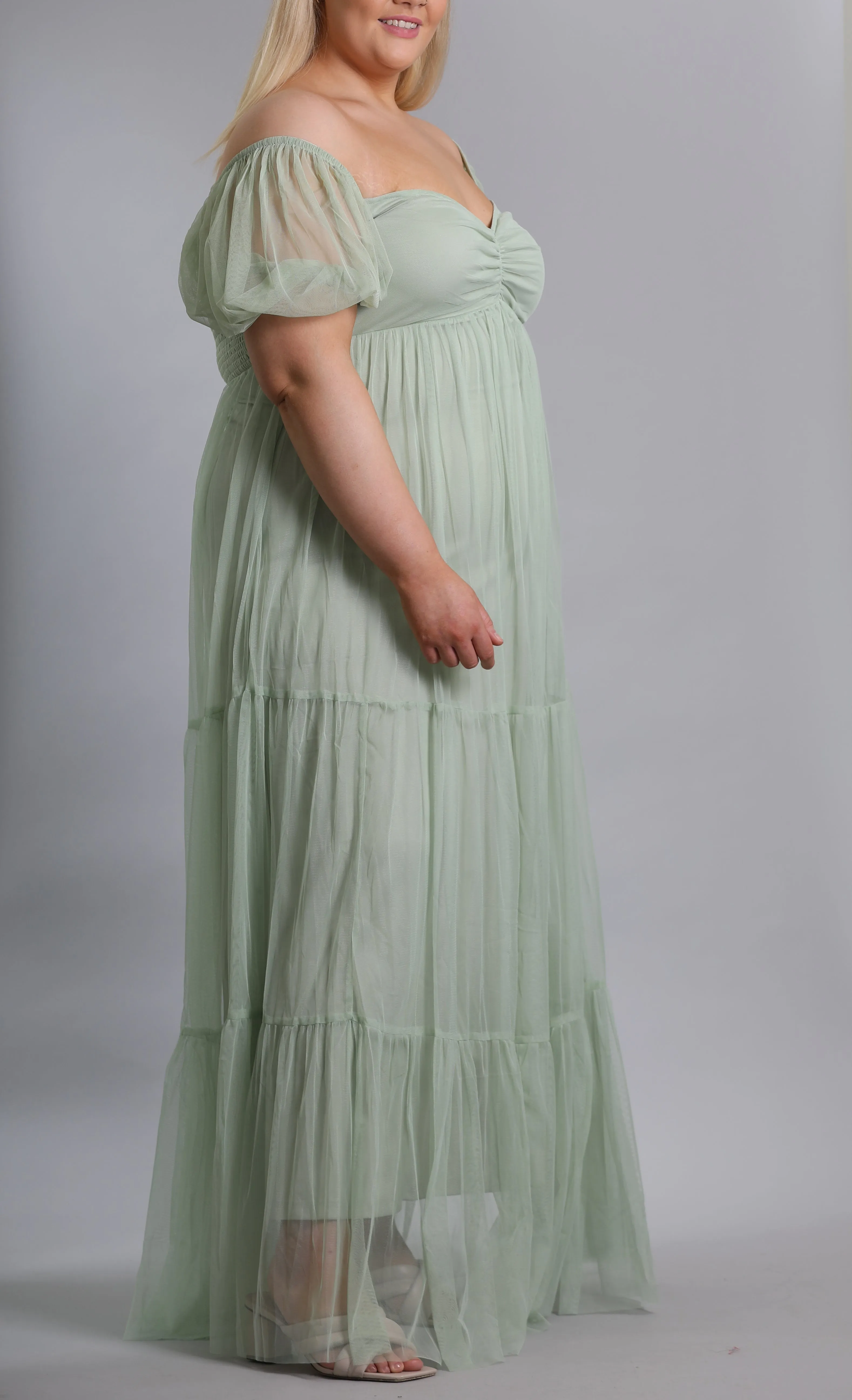 Puff Sleeve Tulle Dress In Sage Green