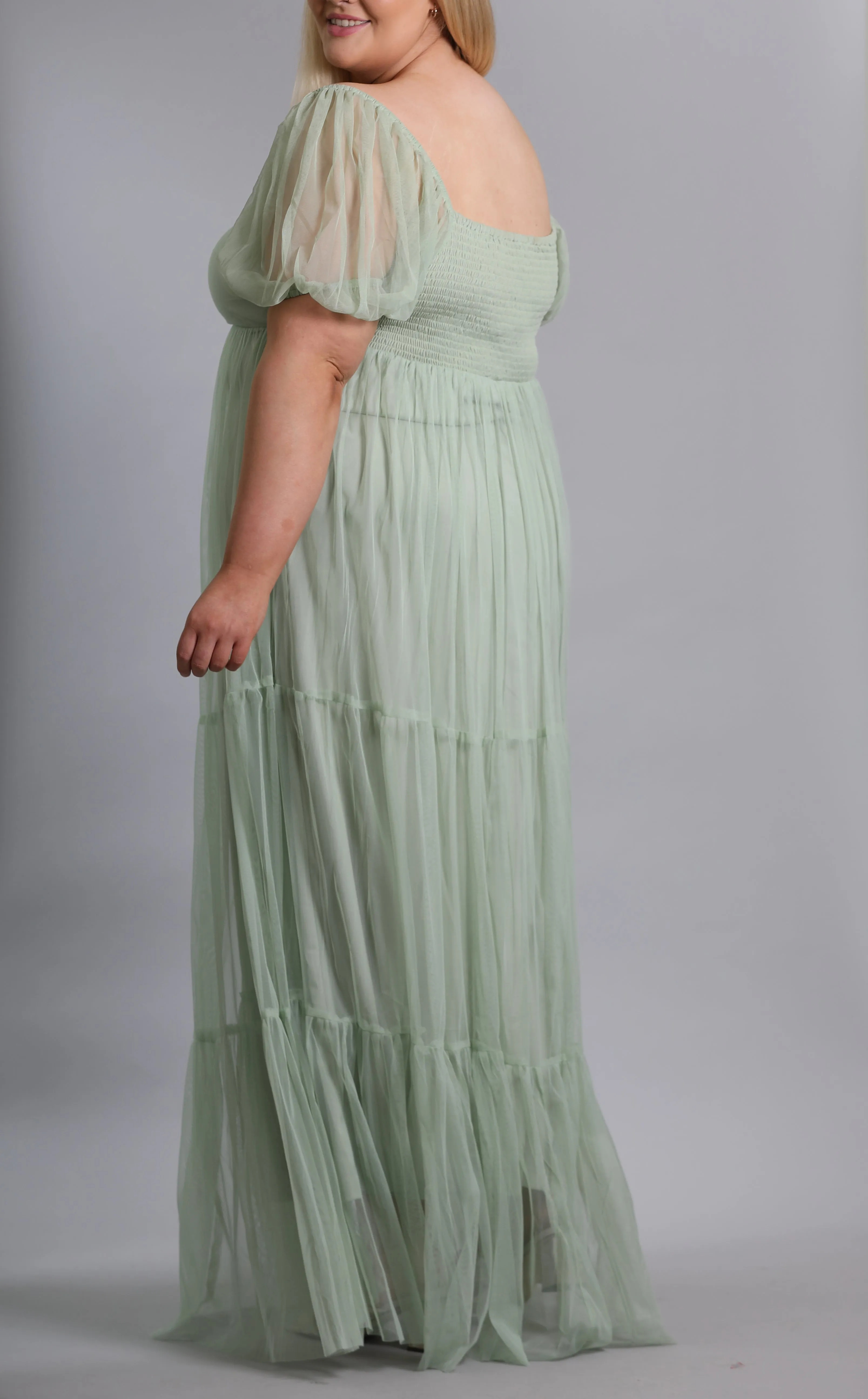 Puff Sleeve Tulle Dress In Sage Green