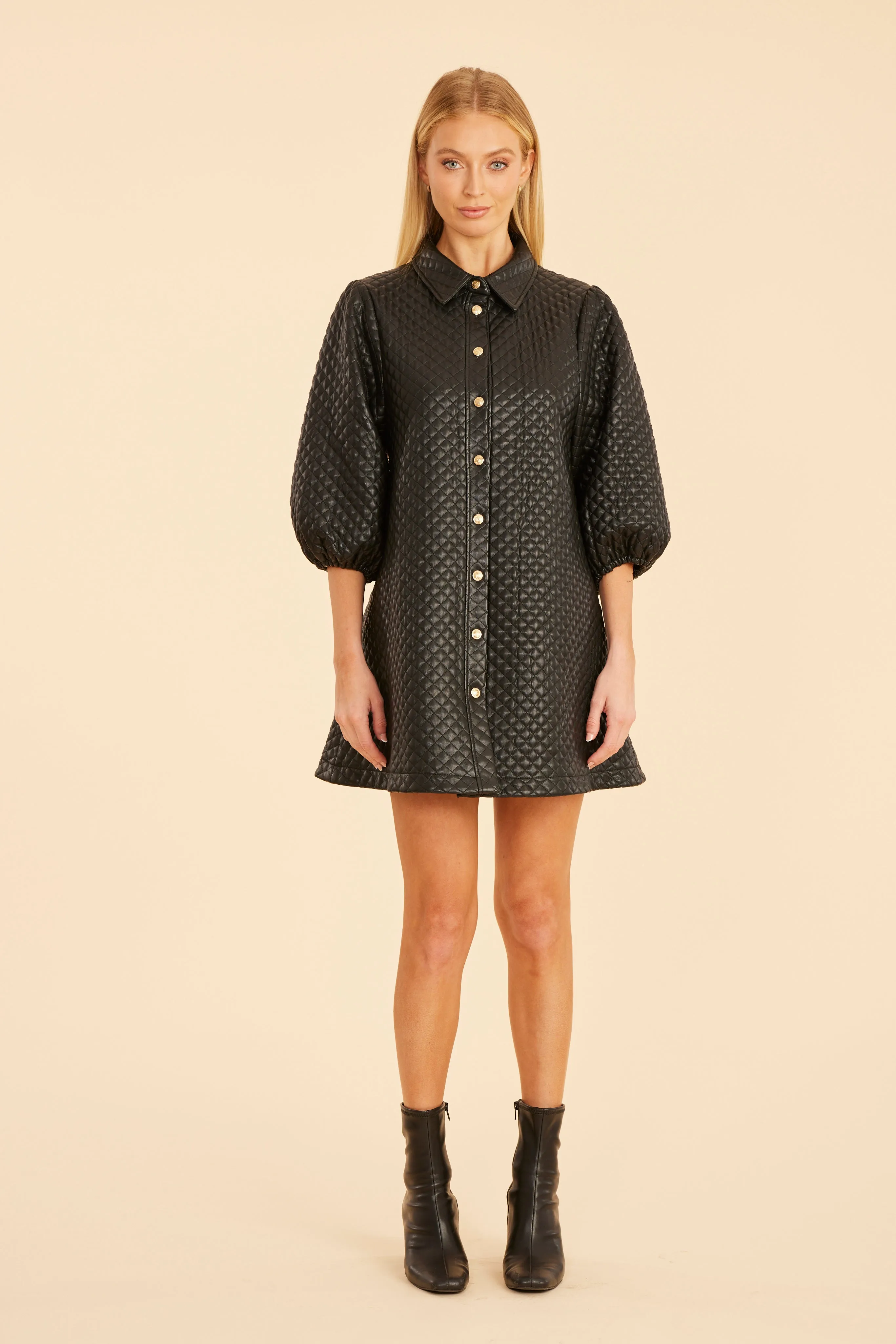 Quilted Faux Leather Puff Sleeve Dress