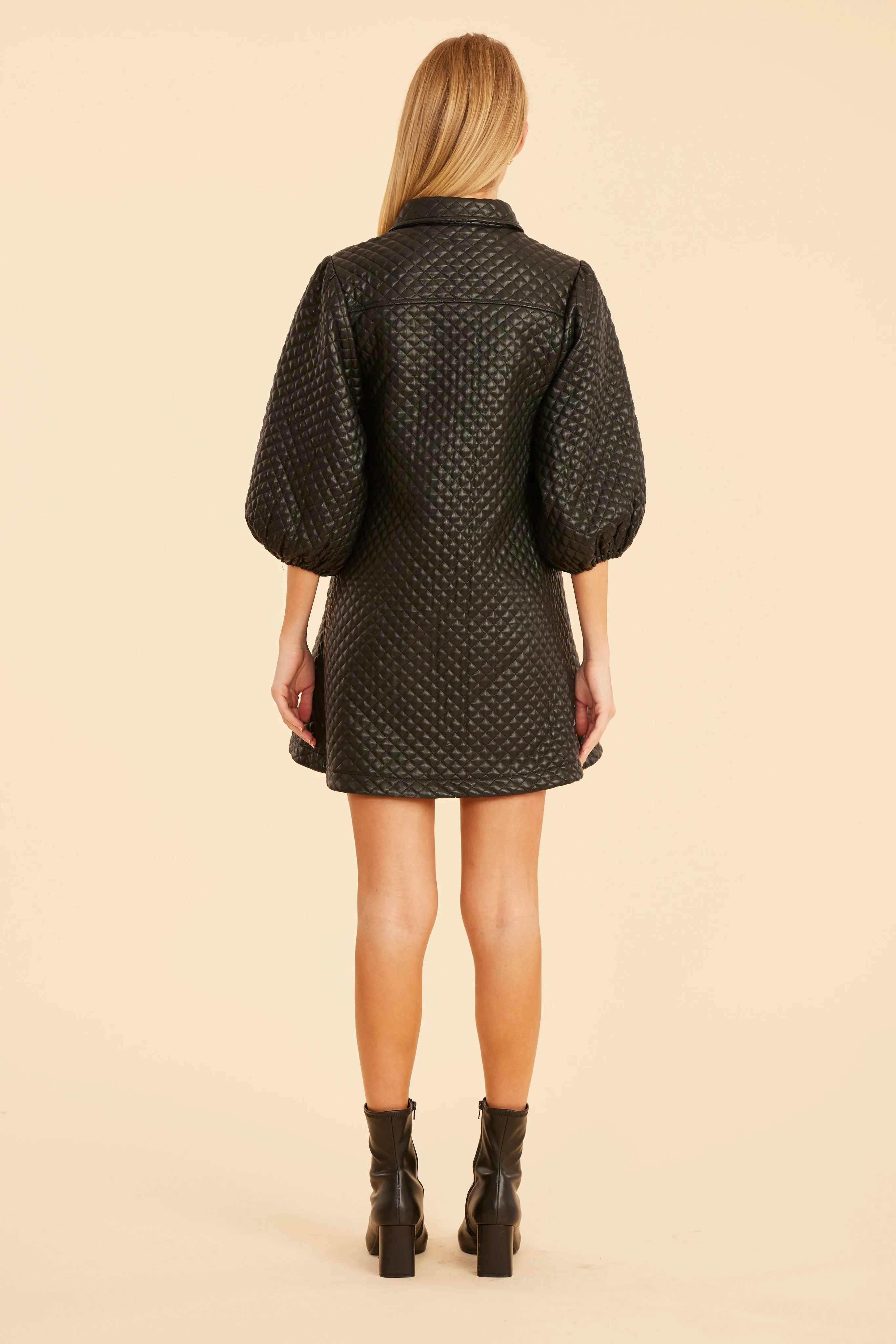 Quilted Faux Leather Puff Sleeve Dress