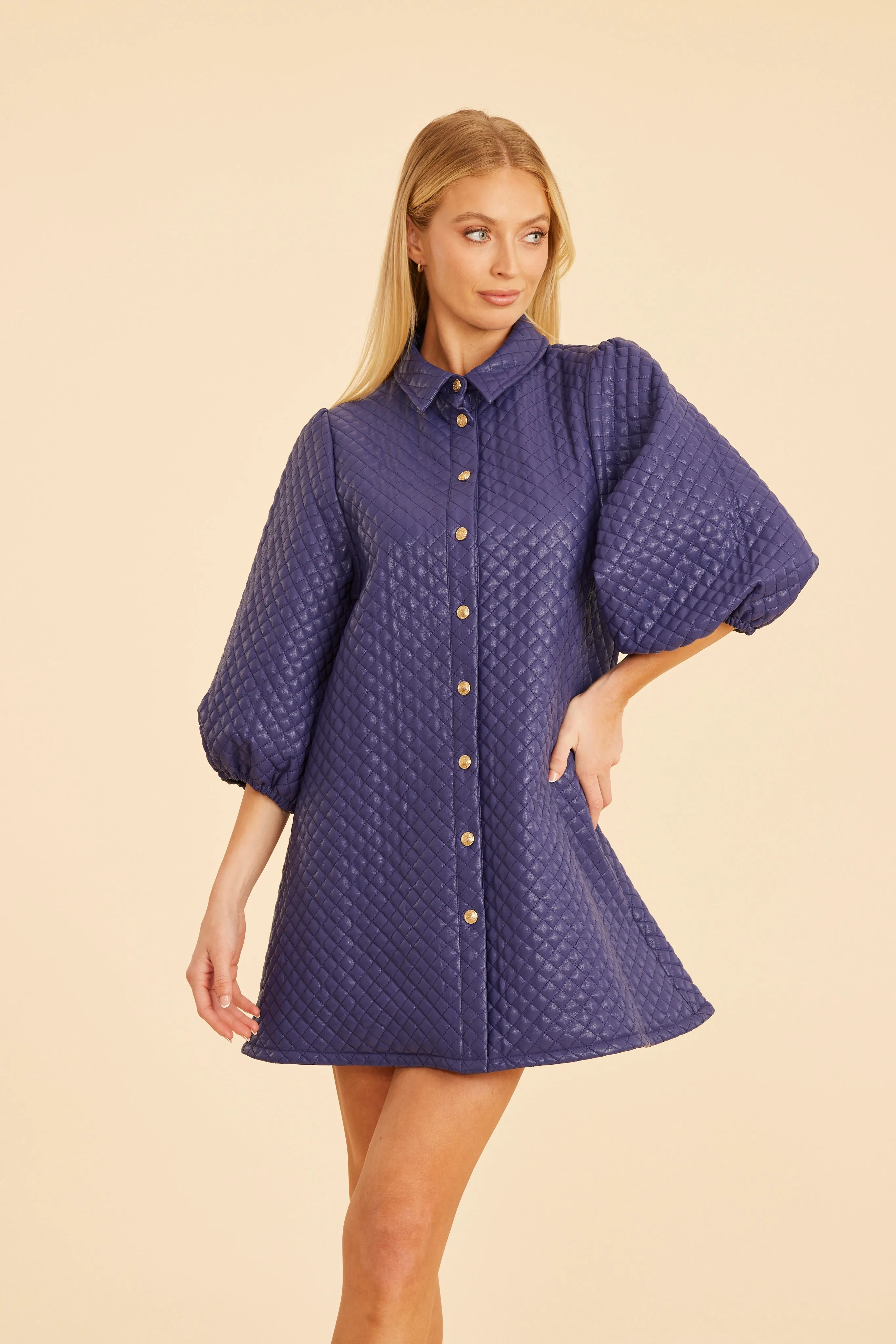 Quilted Faux Leather Puff Sleeve Dress