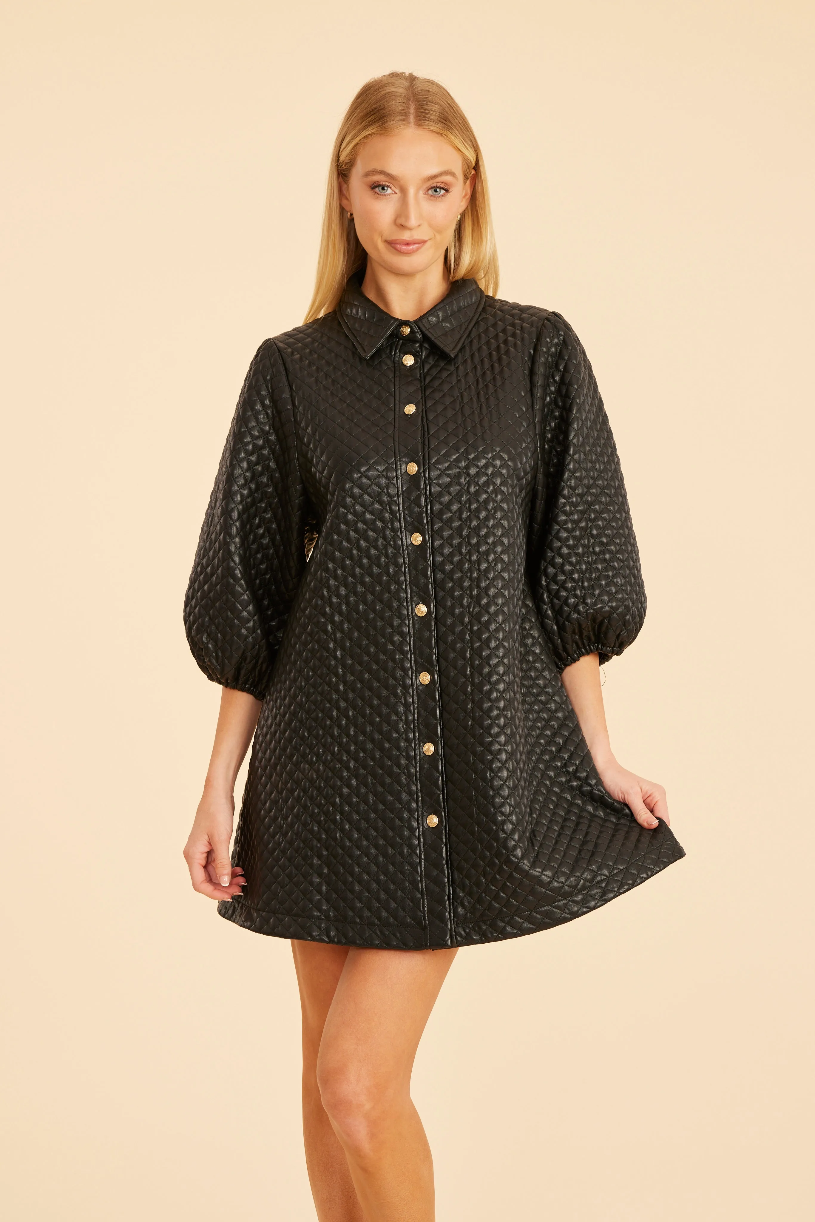 Quilted Faux Leather Puff Sleeve Dress