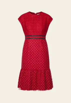 Red Cap-sleeved Embroidered Mesh Tweed Dress