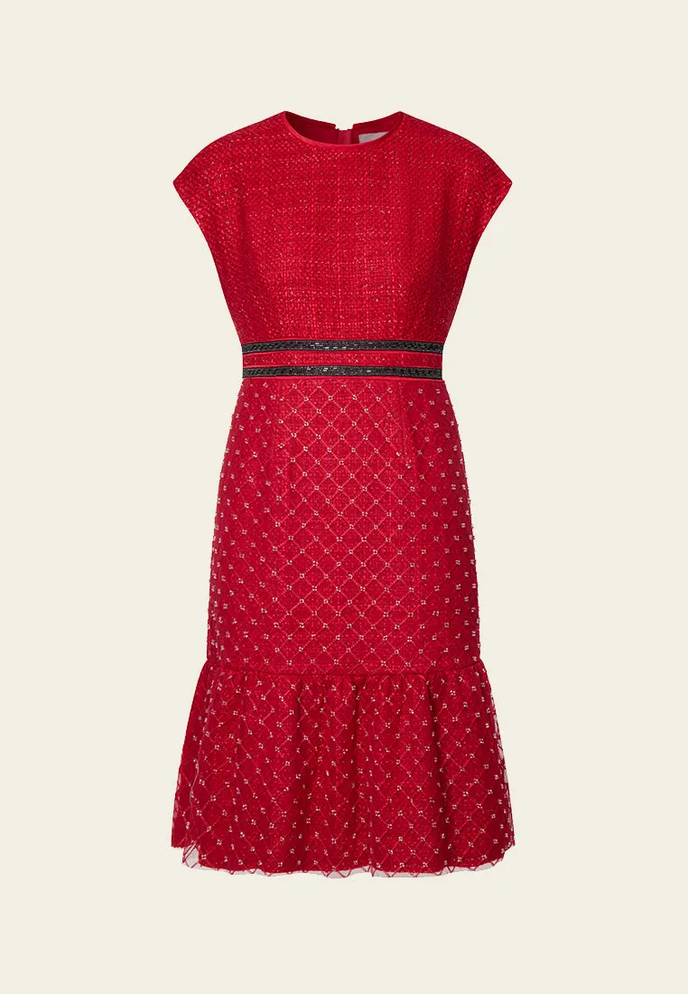 Red Cap-sleeved Embroidered Mesh Tweed Dress