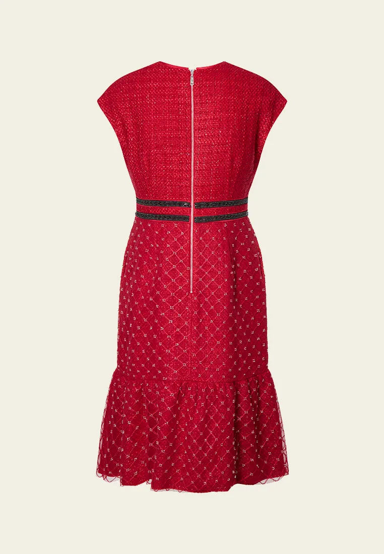 Red Cap-sleeved Embroidered Mesh Tweed Dress