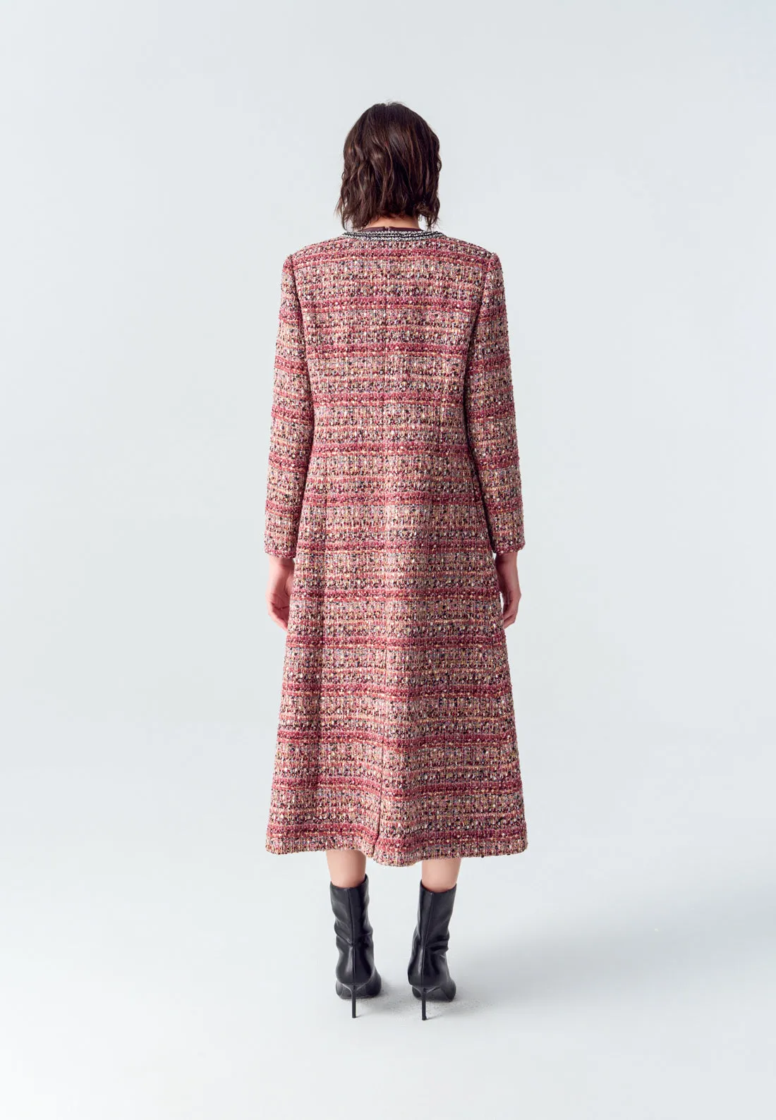 Red V-neck Sequins Detailing Tweed Maxi Coat