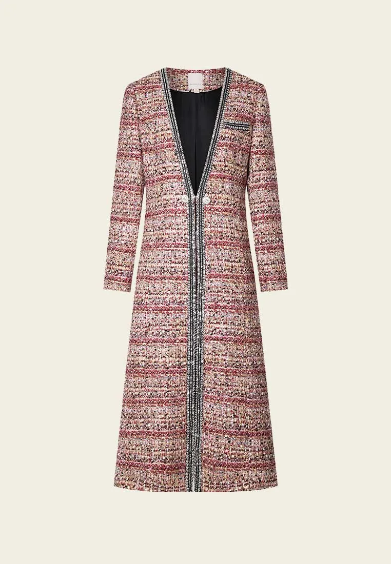 Red V-neck Sequins Detailing Tweed Maxi Coat