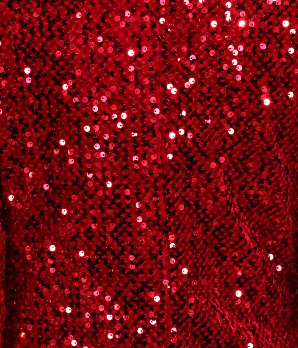 Red Velour 3/4 Sleeve Sequin Wiggle Dress