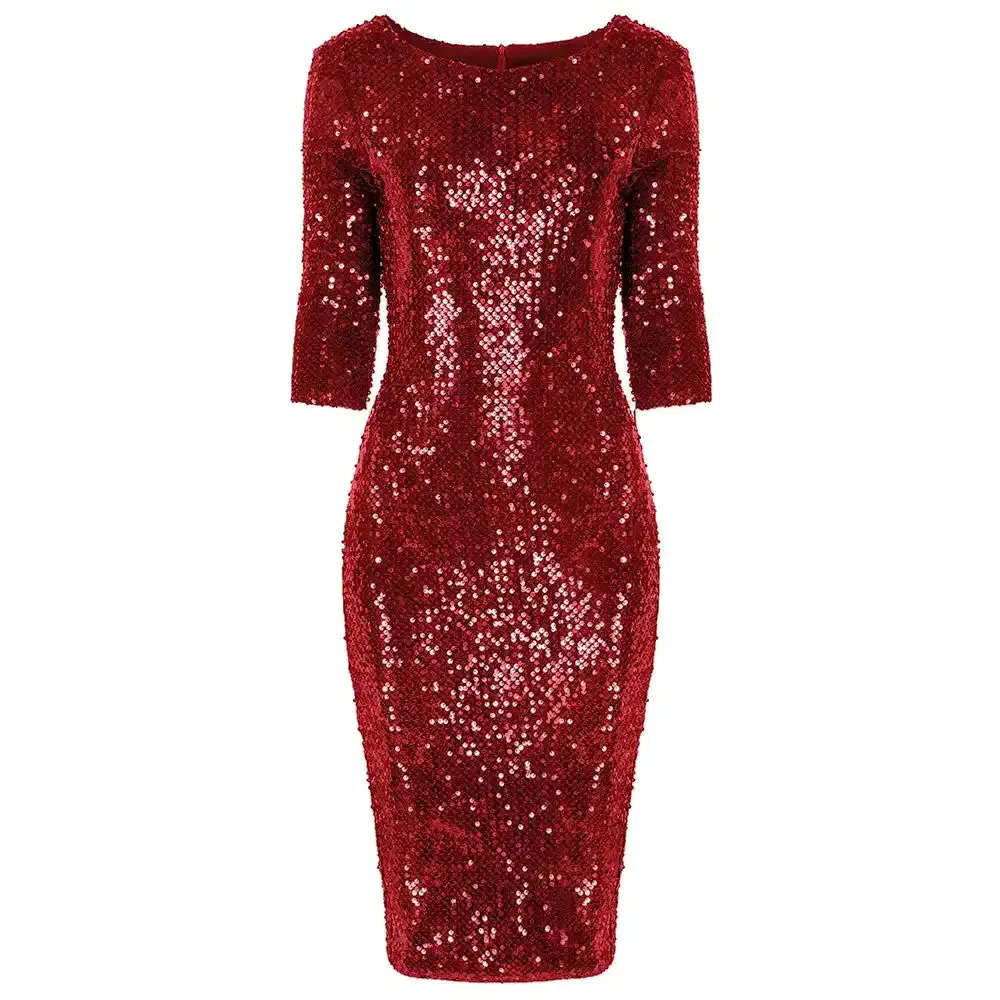 Red Velour 3/4 Sleeve Sequin Wiggle Dress