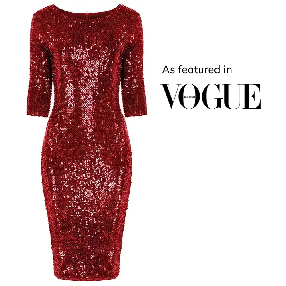 Red Velour 3/4 Sleeve Sequin Wiggle Dress