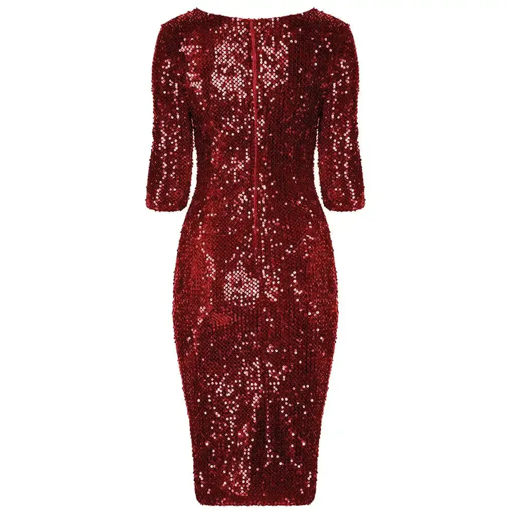 Red Velour 3/4 Sleeve Sequin Wiggle Dress