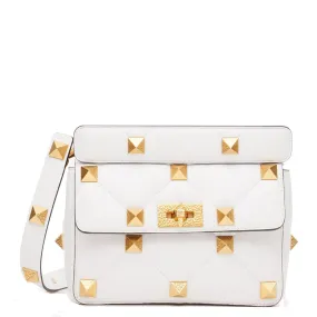 Roman Stud Grained Medium Bag, White