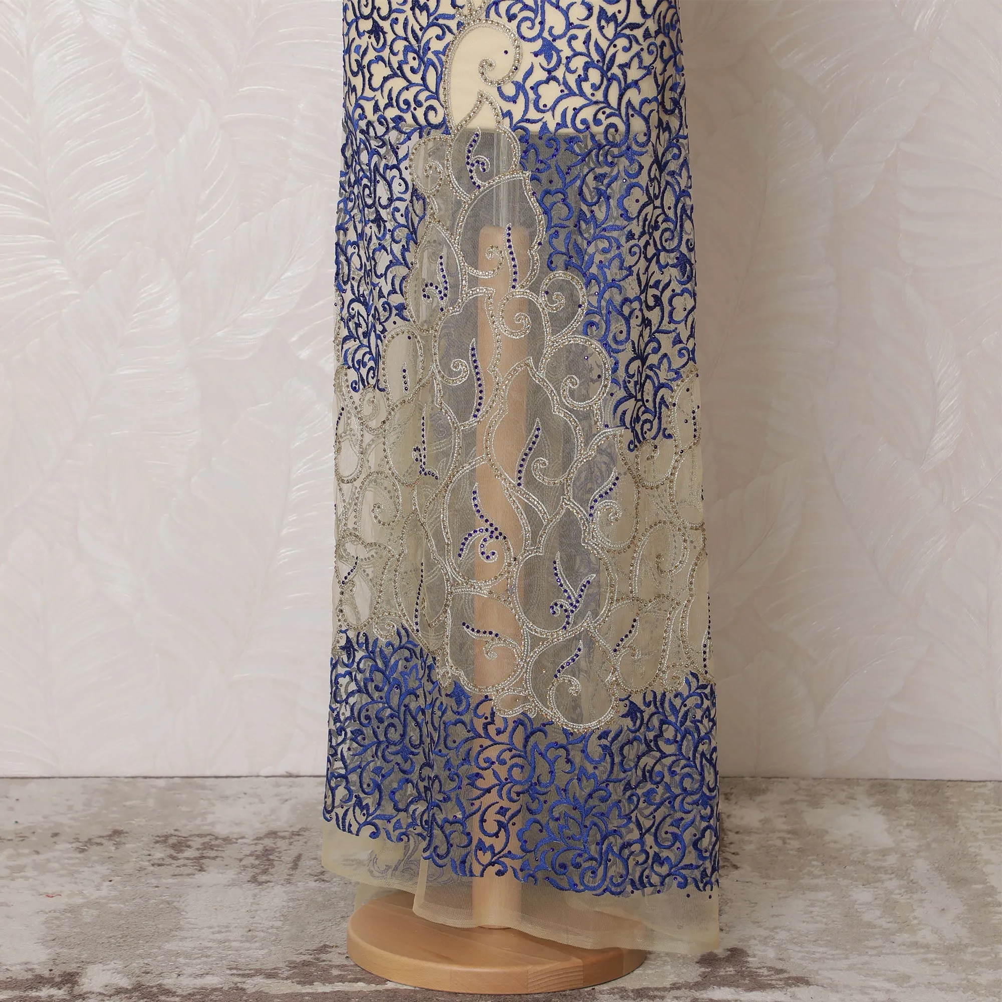 Royal Blue and Silver Embroidered Nylon Tulle Fabric, 140 cm Wide â€“ Exquisite Arabesque Design-D19236