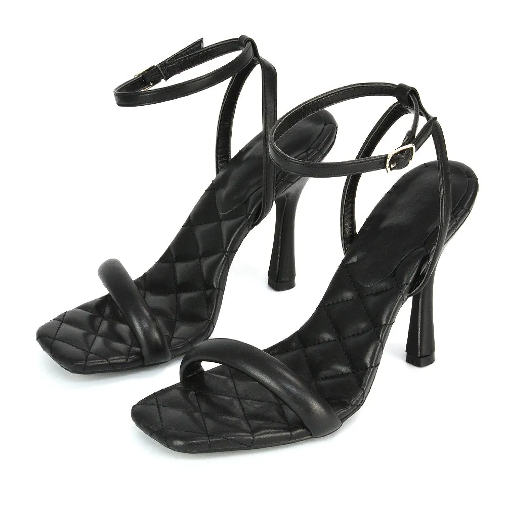 Ryna Quilted Insole Barely There Strappy Stiletto Square Toe High Heels in Black