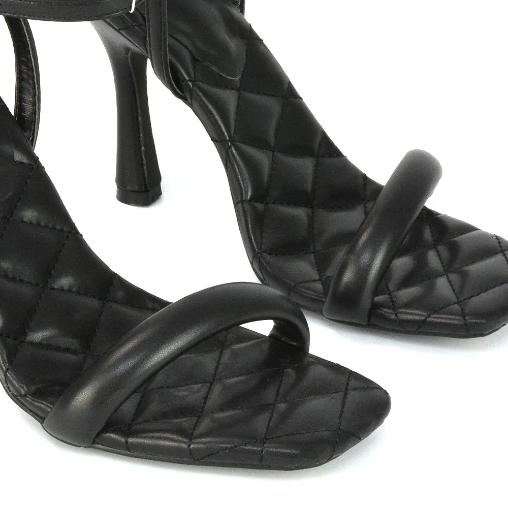 Ryna Quilted Insole Barely There Strappy Stiletto Square Toe High Heels in Black