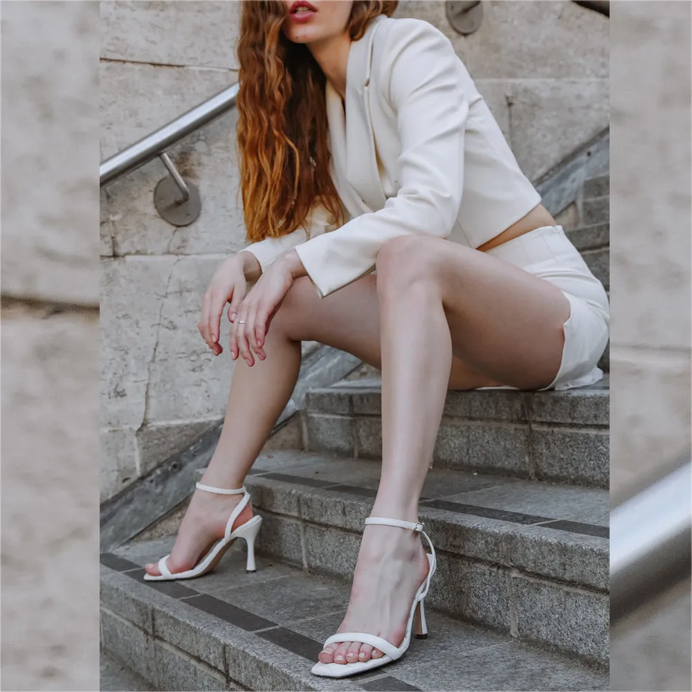 Ryna Quilted Insole Barely There Strappy Stiletto Square Toe High Heels in White