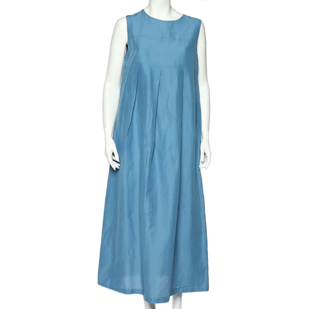 's Max Mara Blue Cotton Pleated Detail Sleeveless Tulia Maxi Dress L