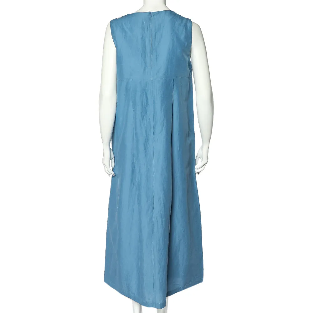 's Max Mara Blue Cotton Pleated Detail Sleeveless Tulia Maxi Dress L