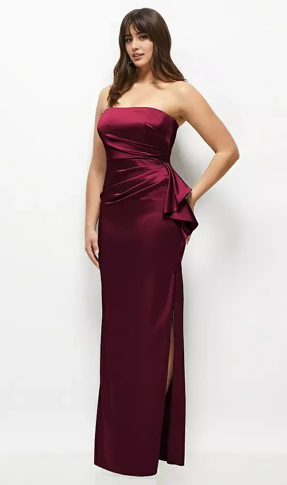 Sage Strapless Draped Bridesmaid Dresses Satin Maxi Dress with Cascade Ruffle