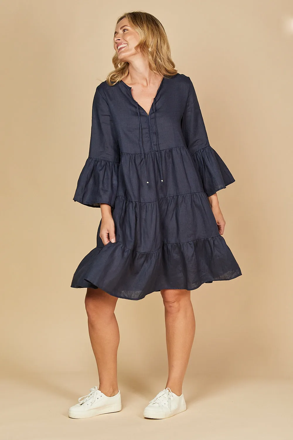 Scout Tiered Linen Dress in Navy