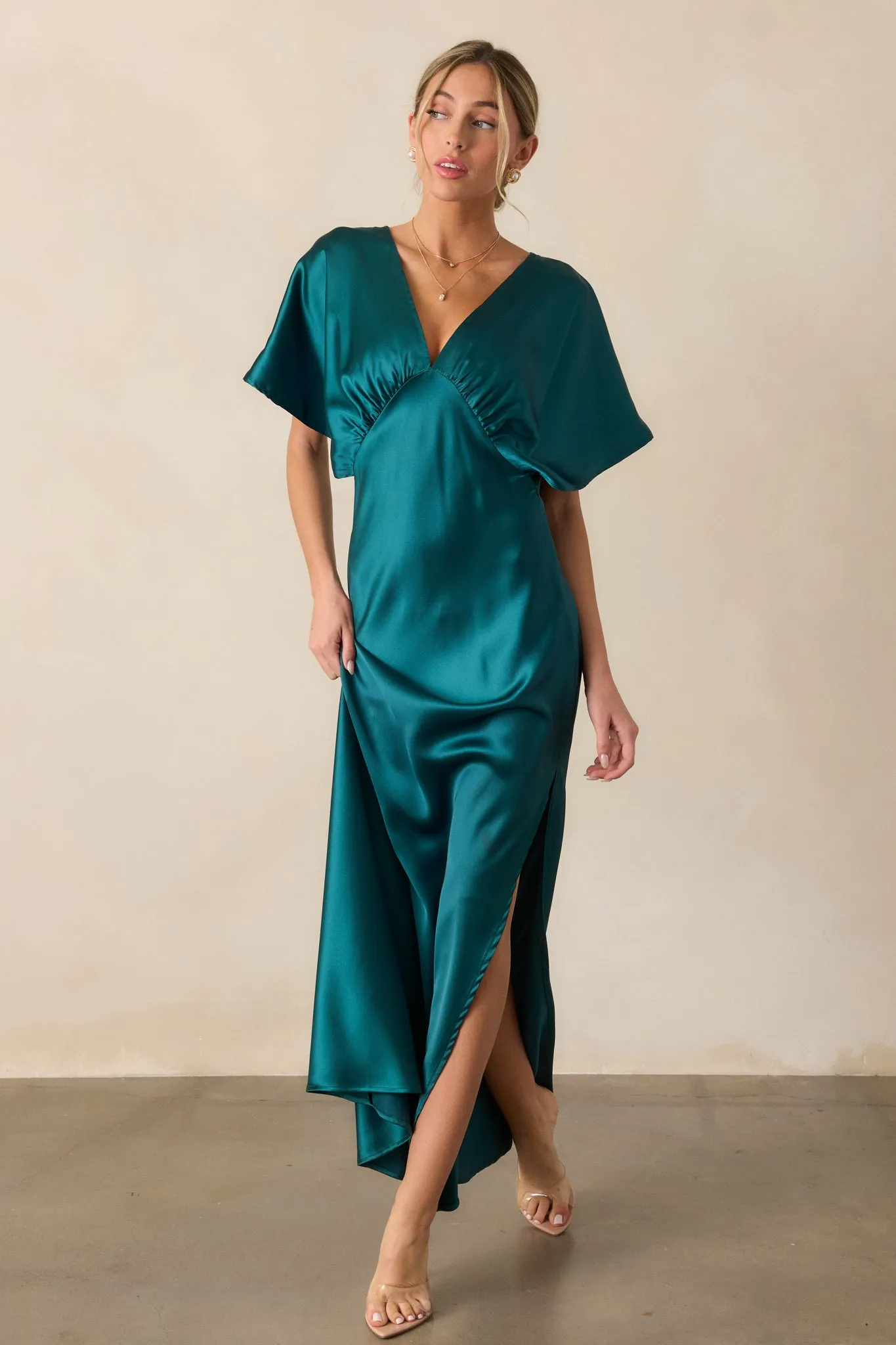 Serenity Calling Teal Satin Maxi Dress