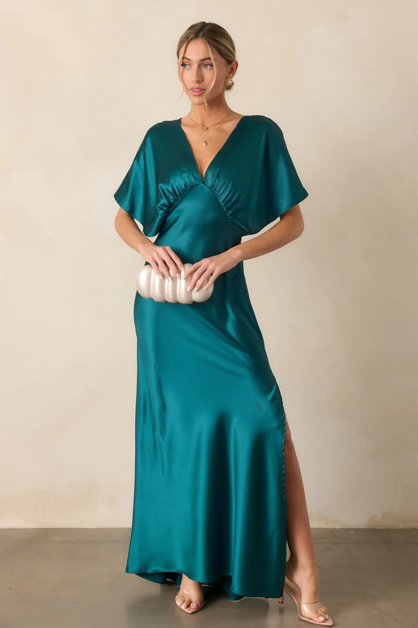 Serenity Calling Teal Satin Maxi Dress