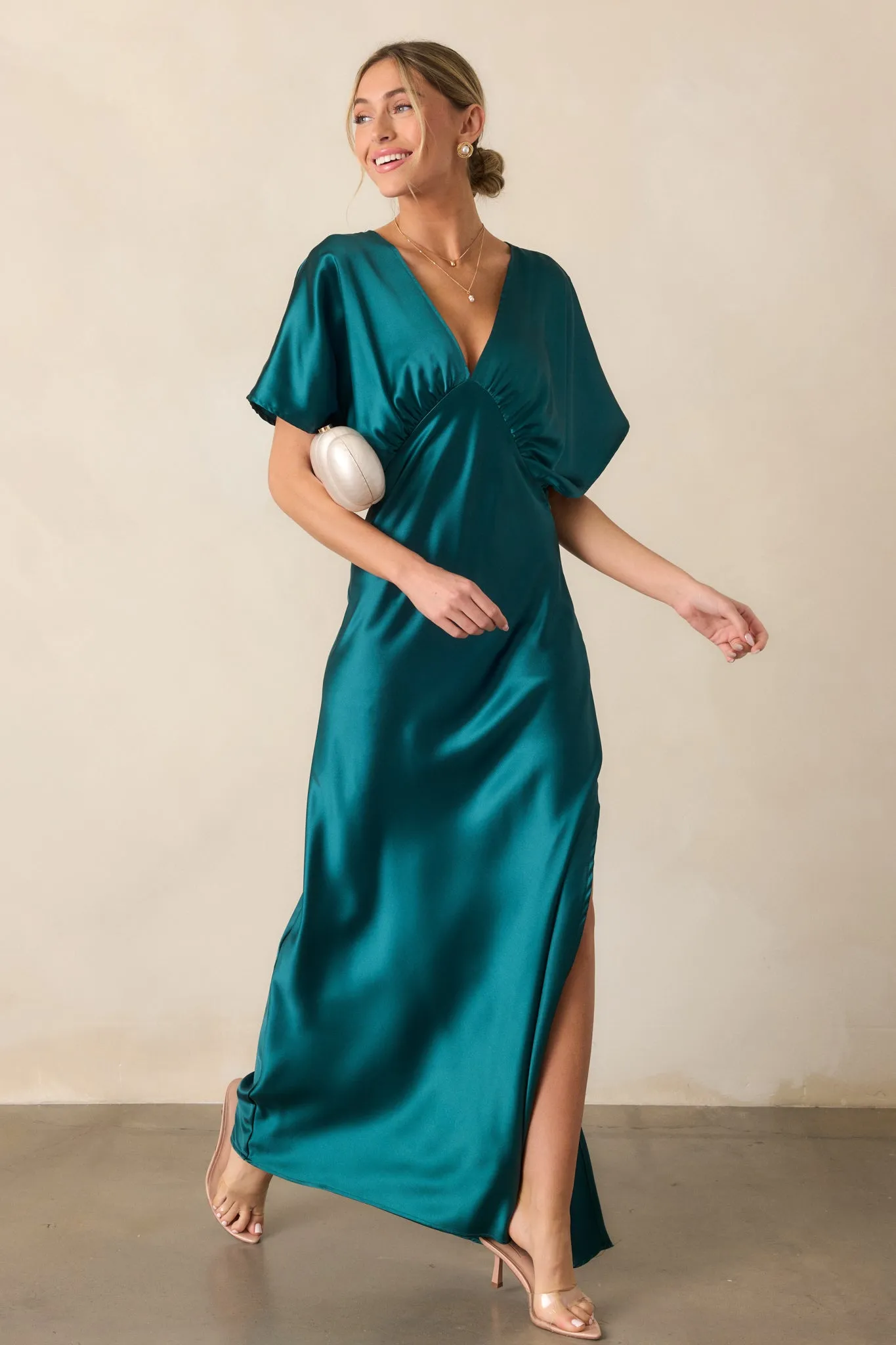 Serenity Calling Teal Satin Maxi Dress