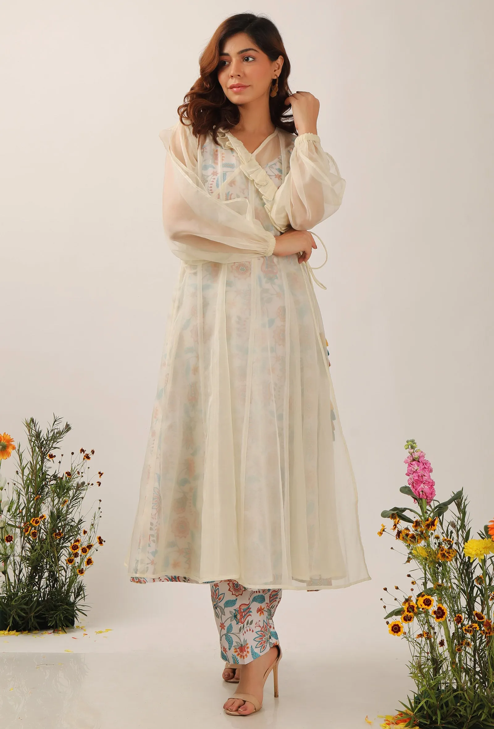 Set Of 3: Lilybeth Organza Angrakha Kurta With Floral Chintz Aline Kurta Dress With Narrow Fit Pants