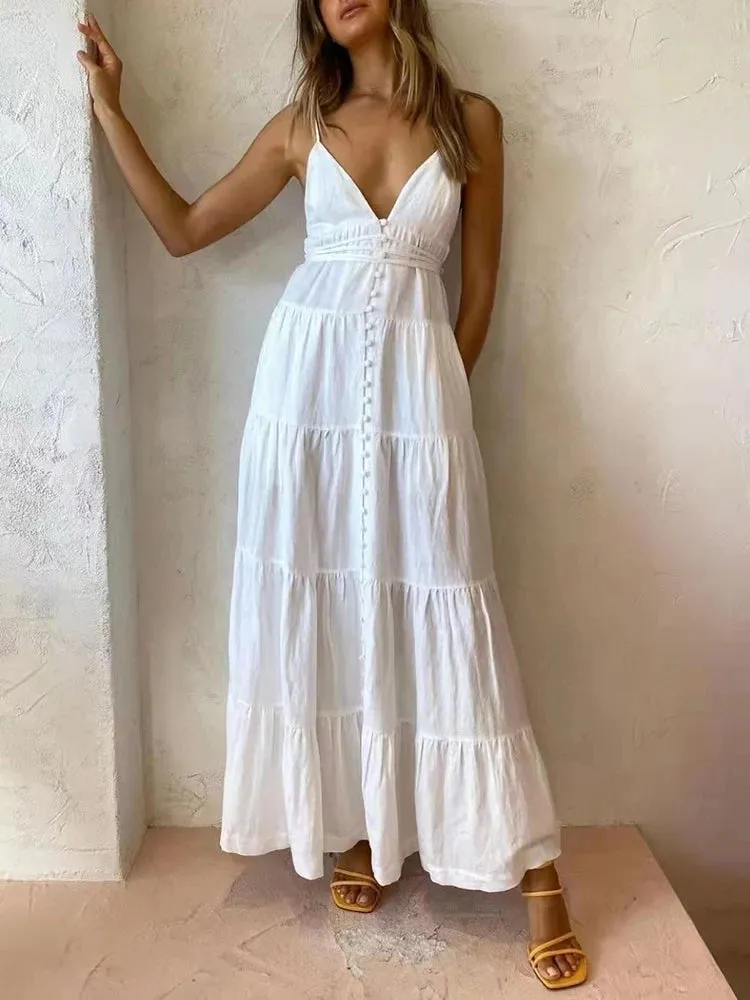 Sexy White Dress For Women V Neck Sleeveless High Waist Solid Minimalist Midi Dresses Female Korean Fashion 2022 Summer New