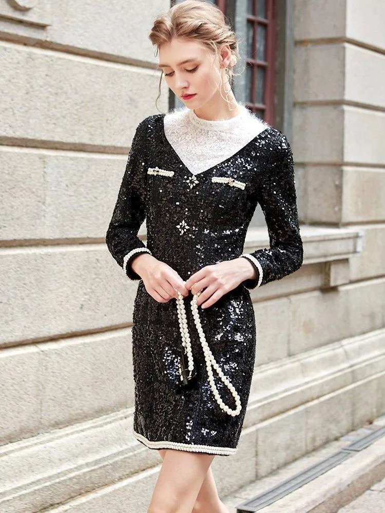 Siduo Autumn fall black and white contrast sequins high-end dinner - Favi