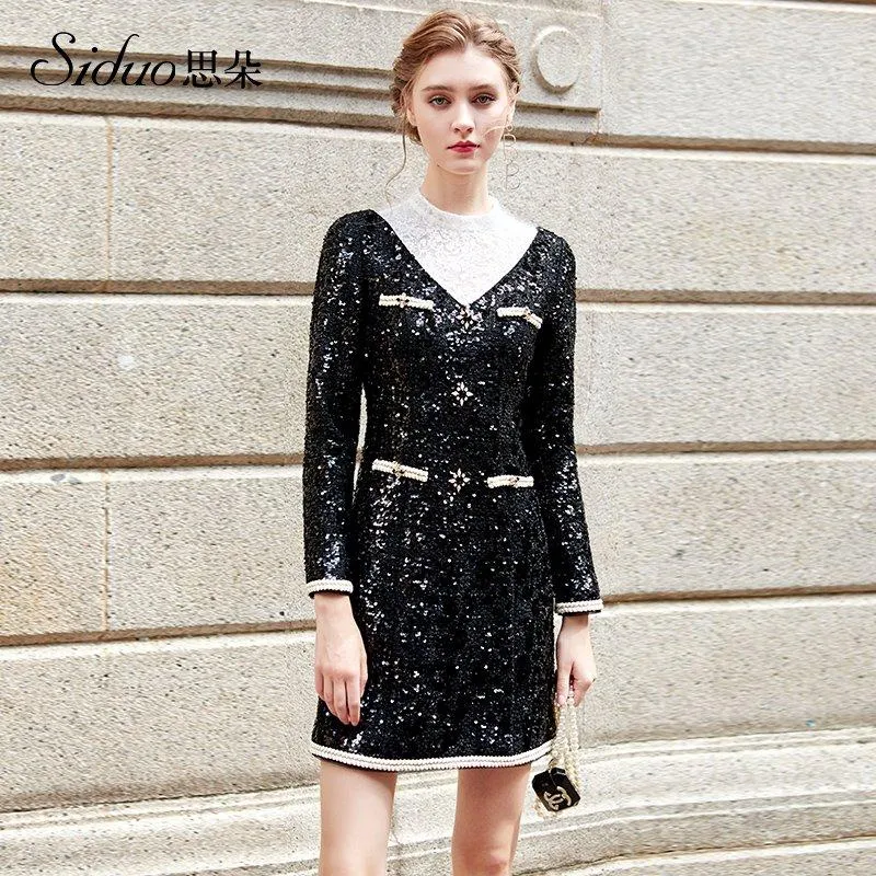 Siduo Autumn fall black and white contrast sequins high-end dinner - Favi